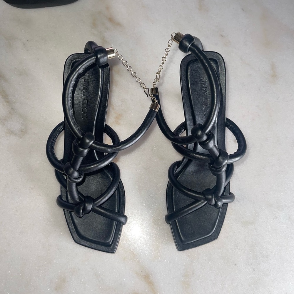 New Jimmy Choo Bay 90 Open Toe Sandal in Black Leather Womens 37.5 New NIB - Picture 10 of 17